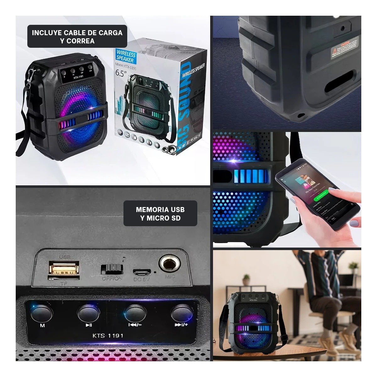 PARLANTE RYBIU CON MICROFONO Y LUZ LED EN COLOR NEGRO 6.5'' KTX-1191 - 5