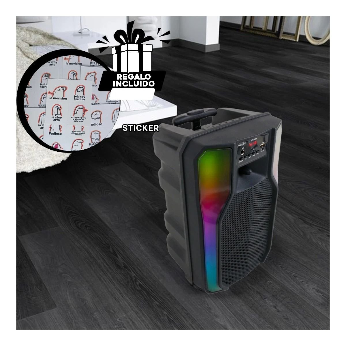 PARLANTE RYBIU POTENTE CON LUZ LED NEGRO 8'' + PAPEL REGALO GTS-1958 - 5
