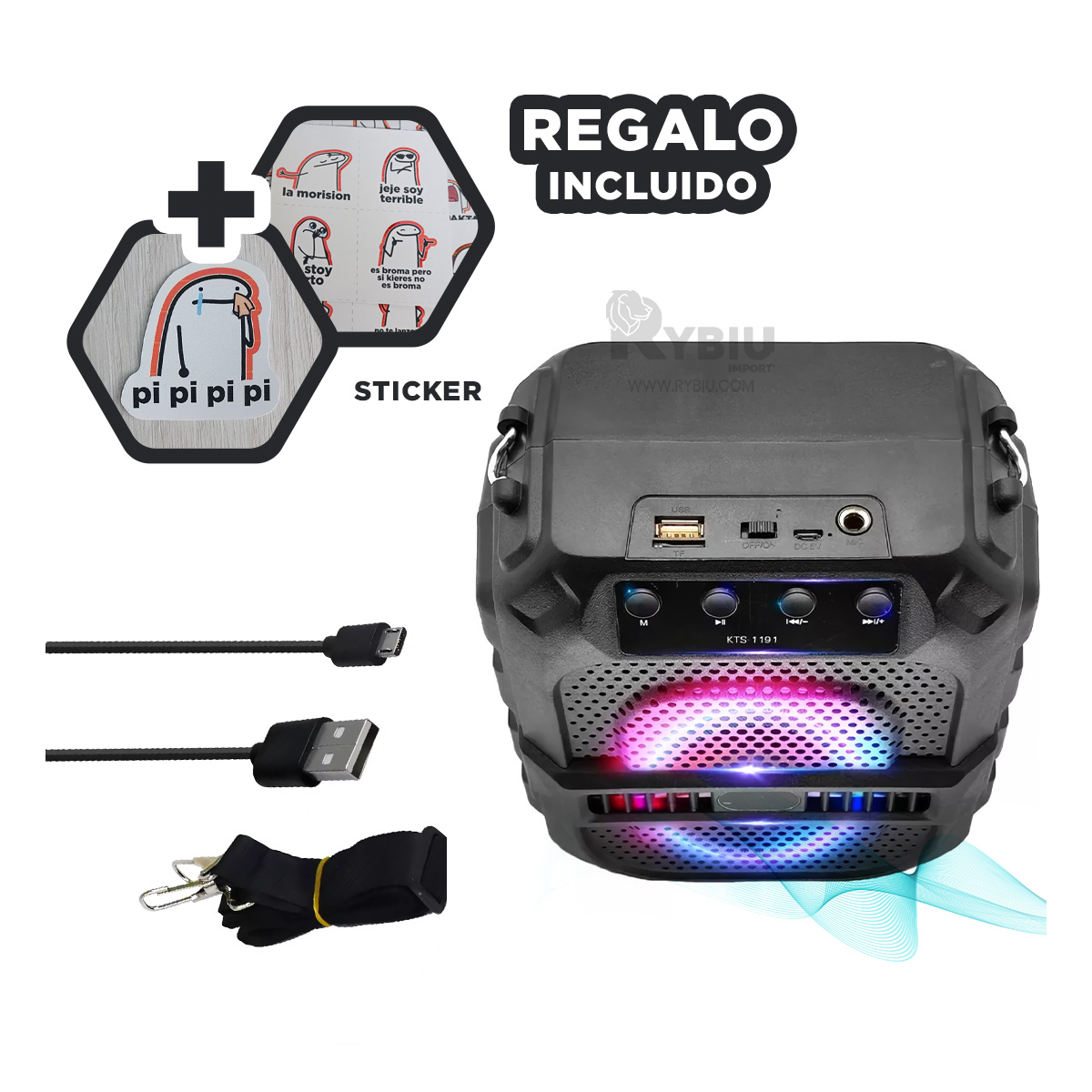 PARLANTE RYBIU DURADERO CON LED NEGRO 6.5'' + PAPEL REGALO KTX-1191 - 1