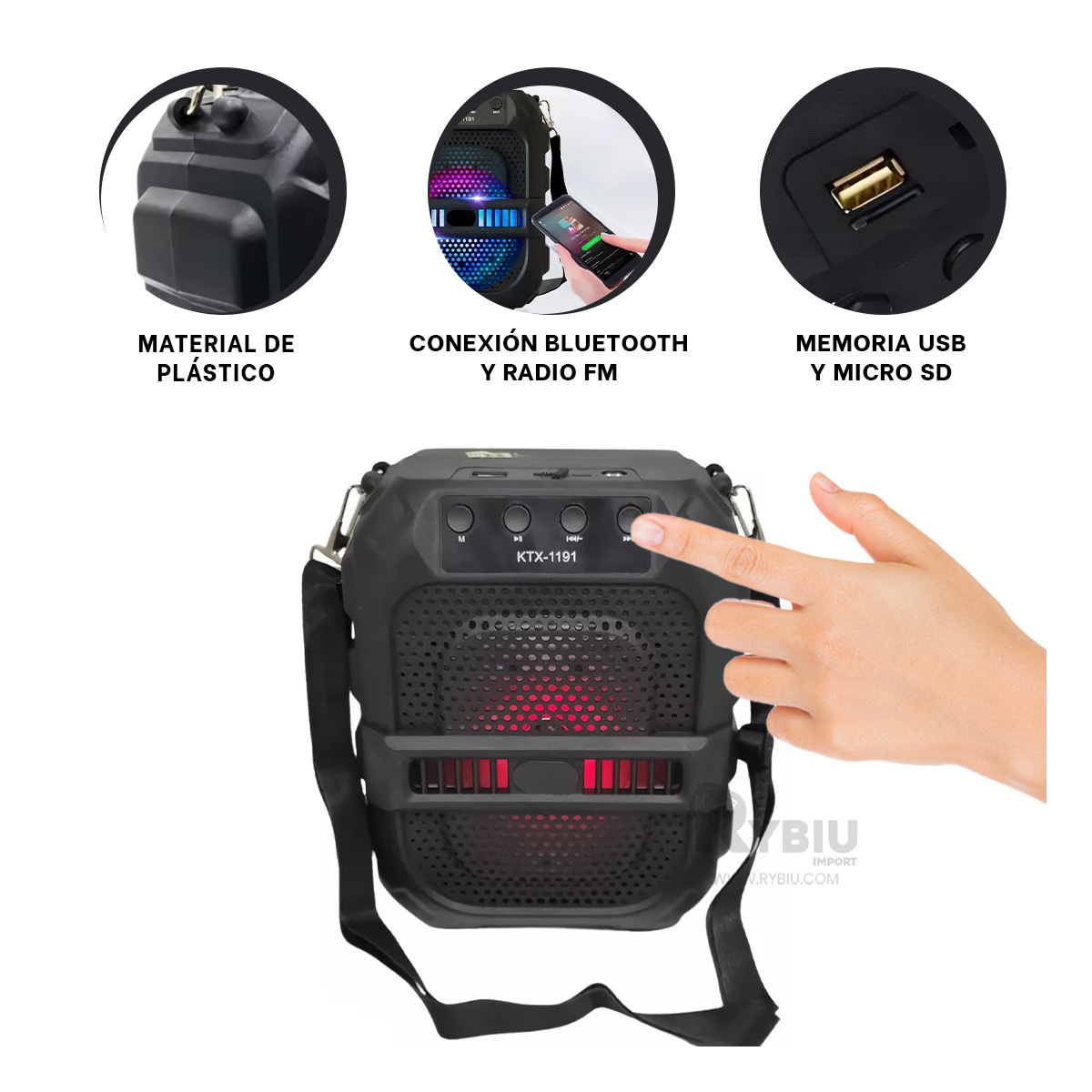PARLANTE RYBIU DURADERO CON LED NEGRO 6.5'' + PAPEL REGALO KTX-1191 - 3