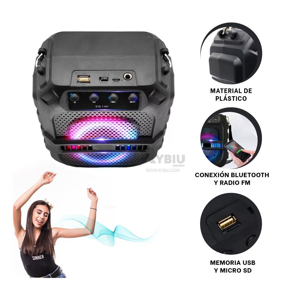ALTAVOZ RYBIU AUDIO MODERNO NEGRO 6.5'' + BANDERITAS ADHESIVAS KTX-1191 - 3