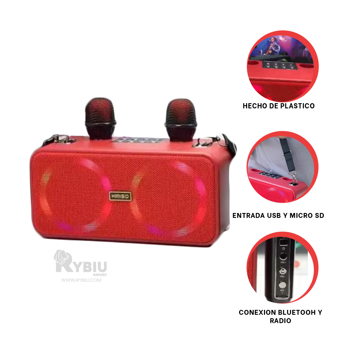 PARLANTE RYBIU ELEGANTE CON 2 MICOFONOS ROJO + PAPEL REGALO KMS-186 - 3