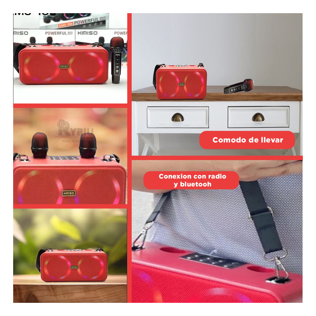 PARLANTE RYBIU ELEGANTE CON 2 MICOFONOS ROJO + PAPEL REGALO KMS-186 - 4