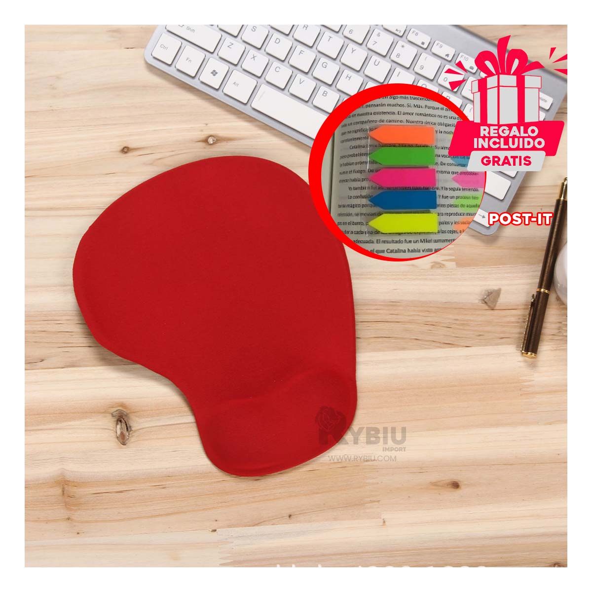 MOUSE PAD RYBIU E31602 ALFOMBRILLA FUNCIONAL PC ROJO + BANDERITAS ADHESIVAS - 1
