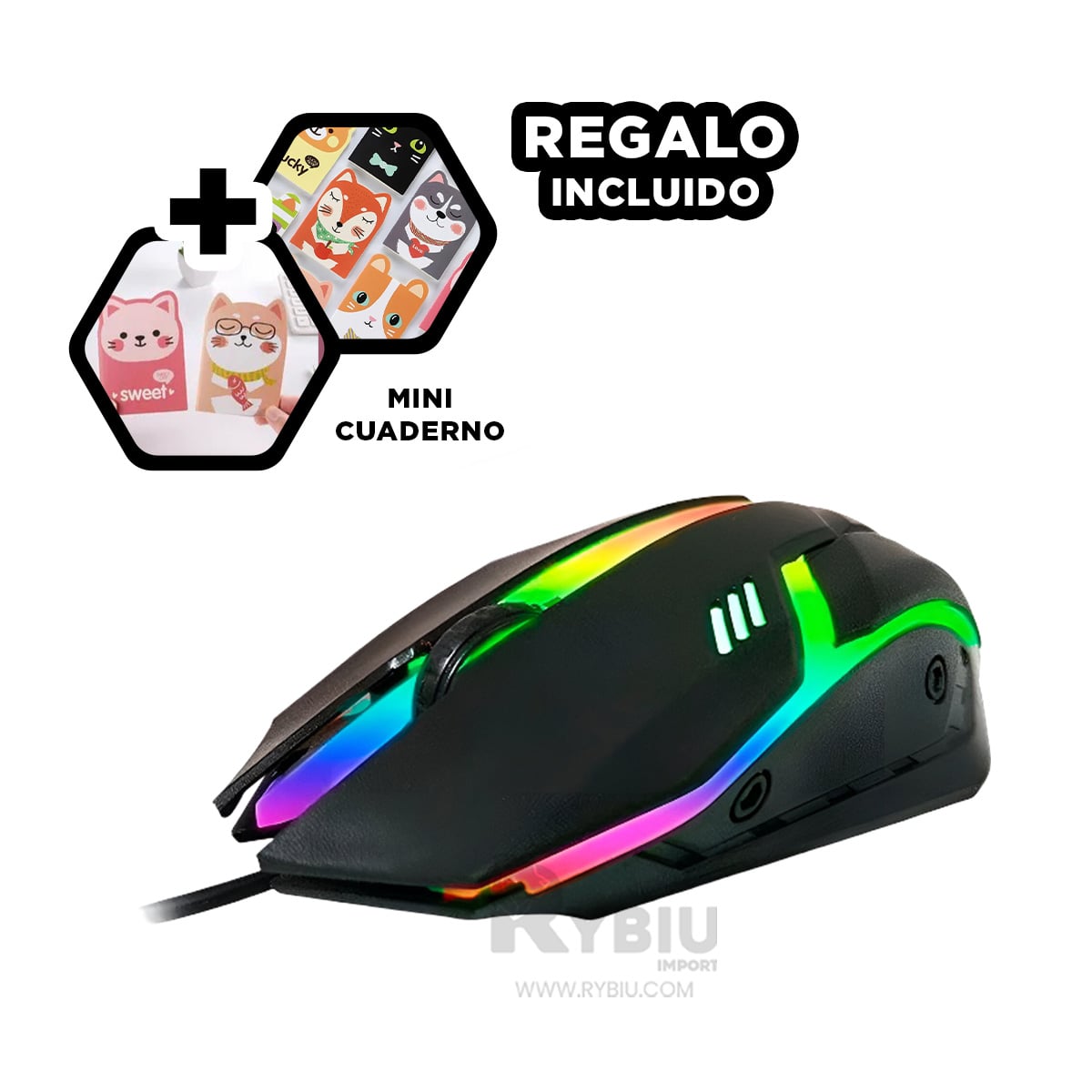 RATÓN RYBIU CON BOTONES Y LUCES TONO NEGRO + ENVOLTORIO REGALO TE31596 - 1