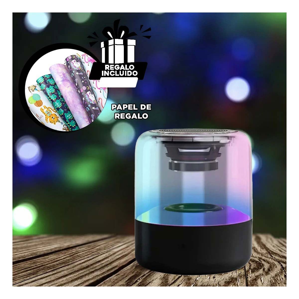 BOCINA WIRELESS PORTATIL CON EFECTO LUMINOSO Y REPRODUCCION FACIL Y+REGALO STICKER - 1