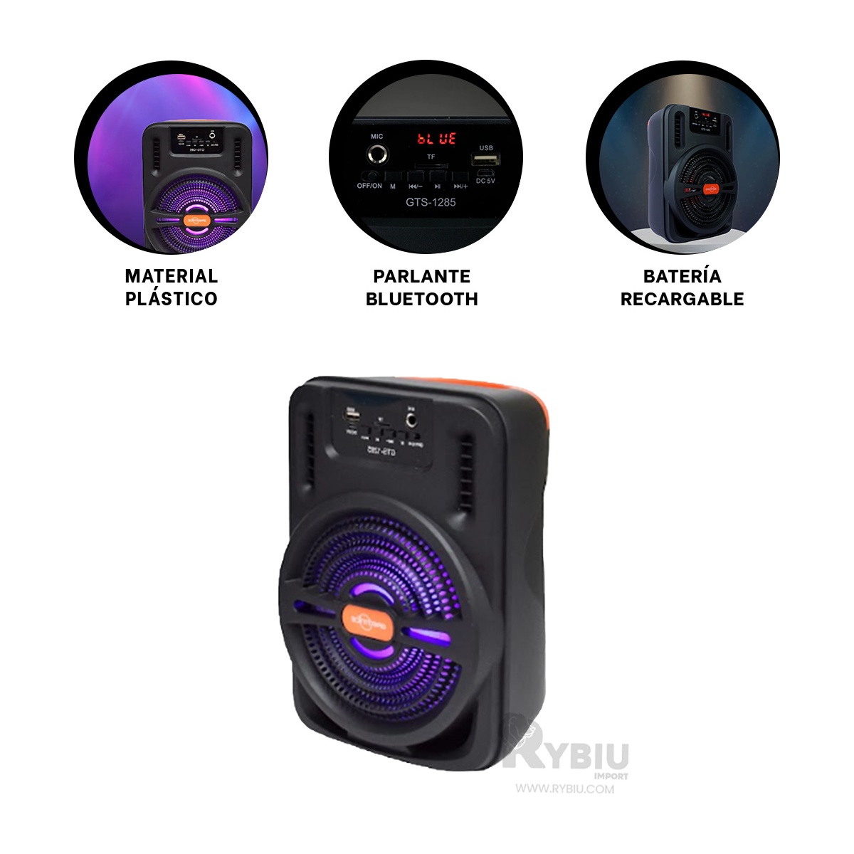 PARLANTE BLUETOOTH RYBIU GTS-1285 BOCINA ENTRADA USB RECARGABLE NEGRO + REGALO AGENDITA - 2
