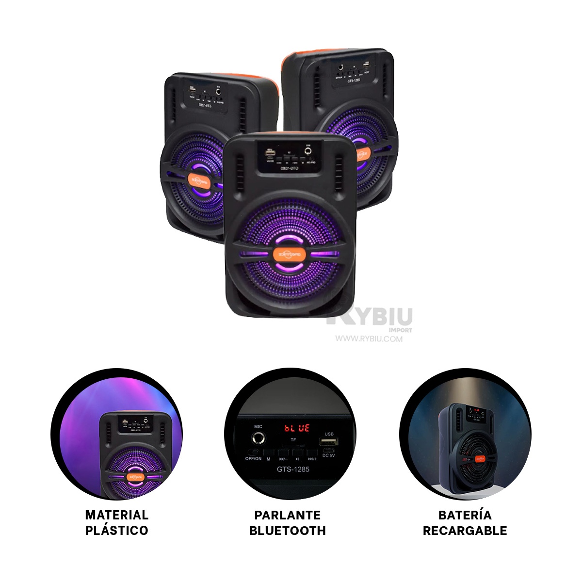 PARLANTE BLUETOOTH RYBIU GTS-1285 BOCINA ENTRADA USB RECARGABLE NEGRO + REGALO AGENDITA - 3