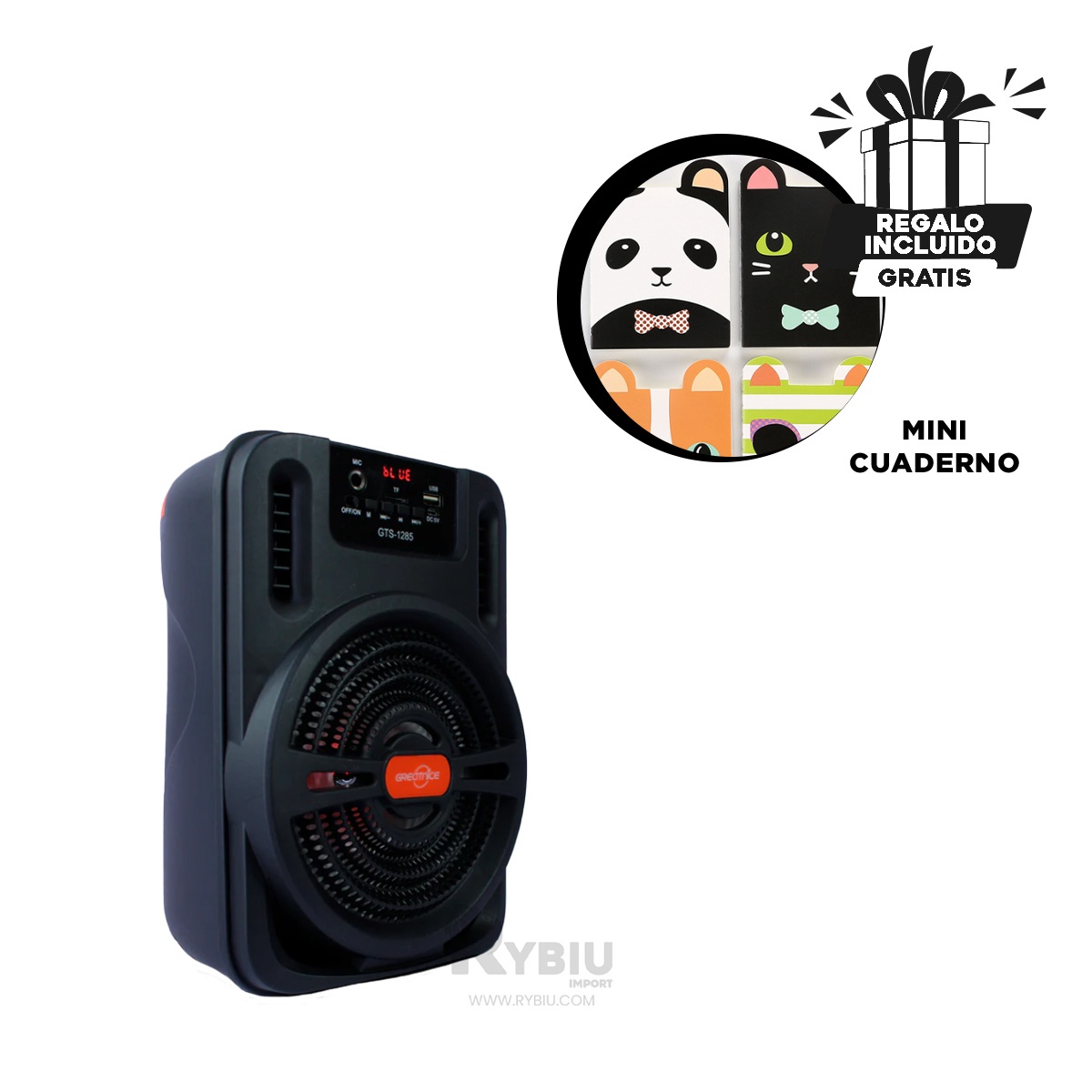 PARLANTE BLUETOOTH RYBIU GTS-1285 BOCINA ENTRADA USB RECARGABLE NEGRO + REGALO AGENDITA - 4