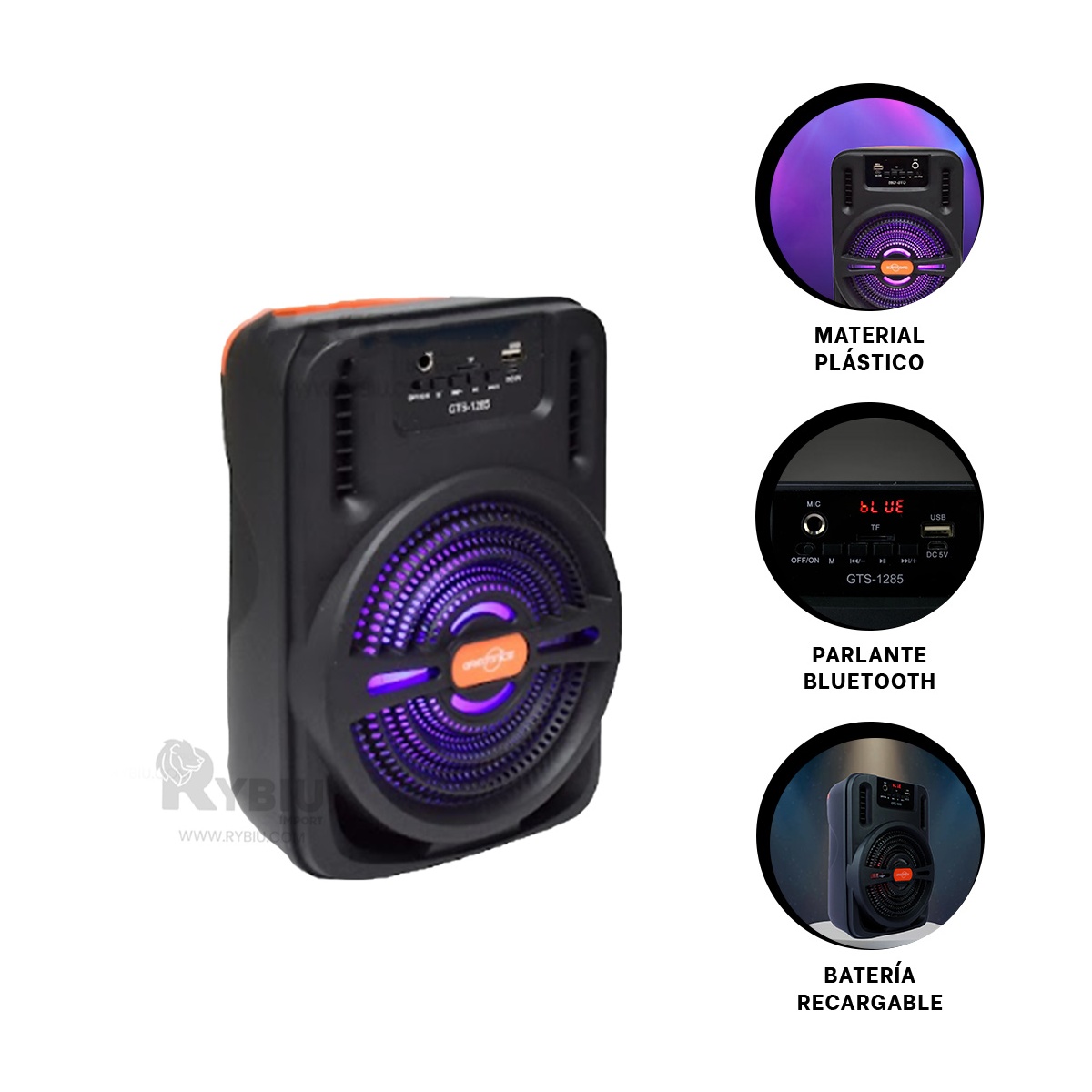 PARLANTE BLUETOOTH RYBIU GTS-1285 BOCINA 85DB BATERIA 500MAH NEGRO + REGALO STICKERS - 3