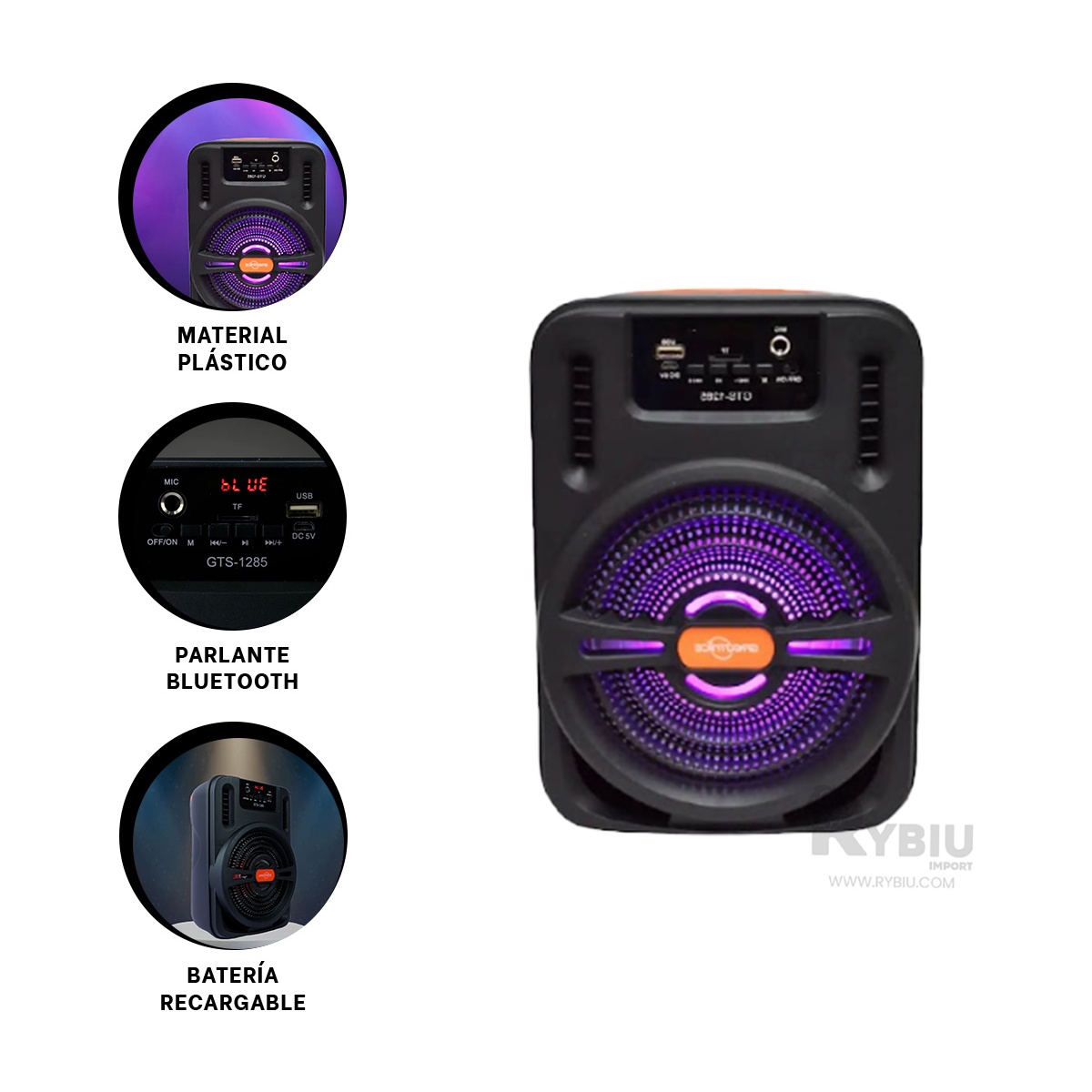 PARLANTE BLUETOOTH RYBIU GTS-1285 PLASTICO TONO NEGRO + PAPEL REGALO - 4