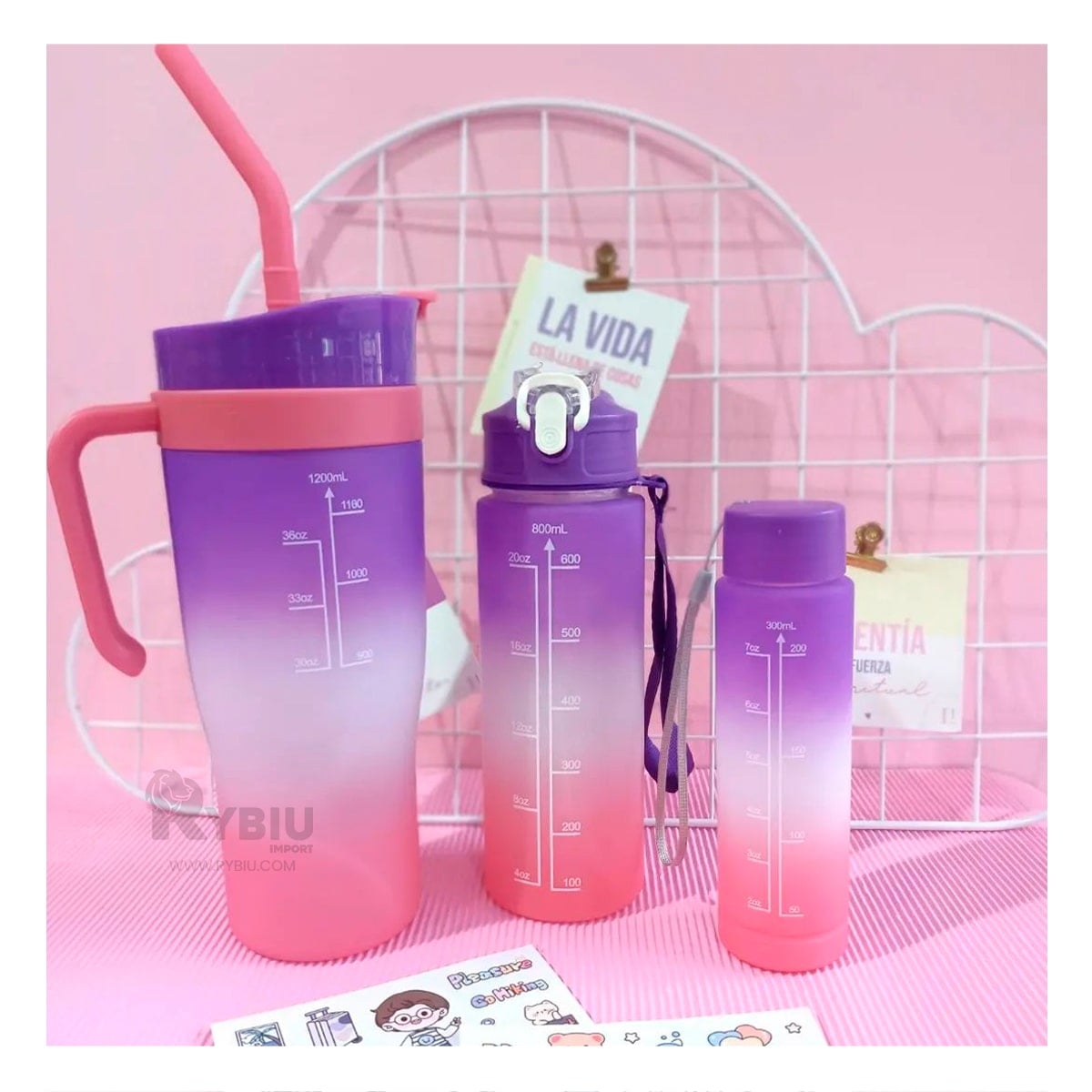 BOTELLAS RYBIU CO30089 FIGURAS 2D MORADO 3 UNIDADES + GIFT MINIAGENDA - 1