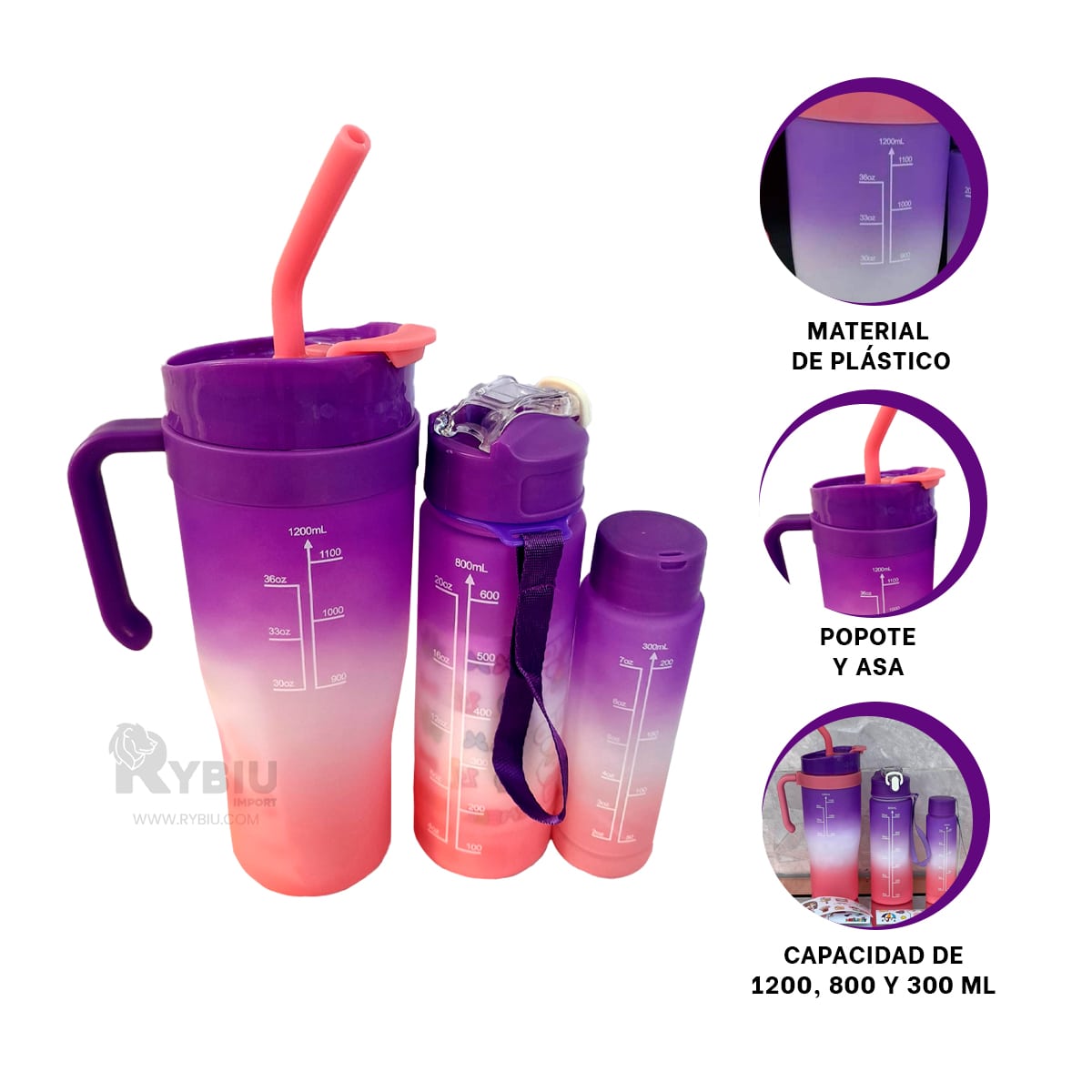 BOTELLAS RYBIU CO30089 FIGURAS 2D MORADO 3 UNIDADES + GIFT MINIAGENDA - 2