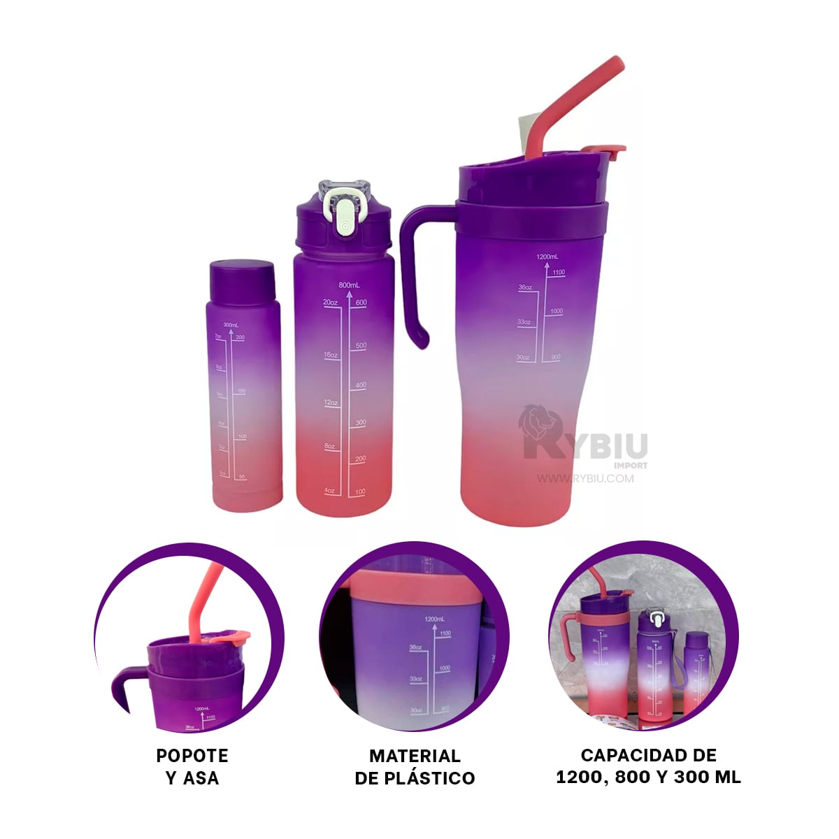 BOTELLAS RYBIU CO30089 FIGURAS 2D MORADO 3 UNIDADES + GIFT MINIAGENDA - 3