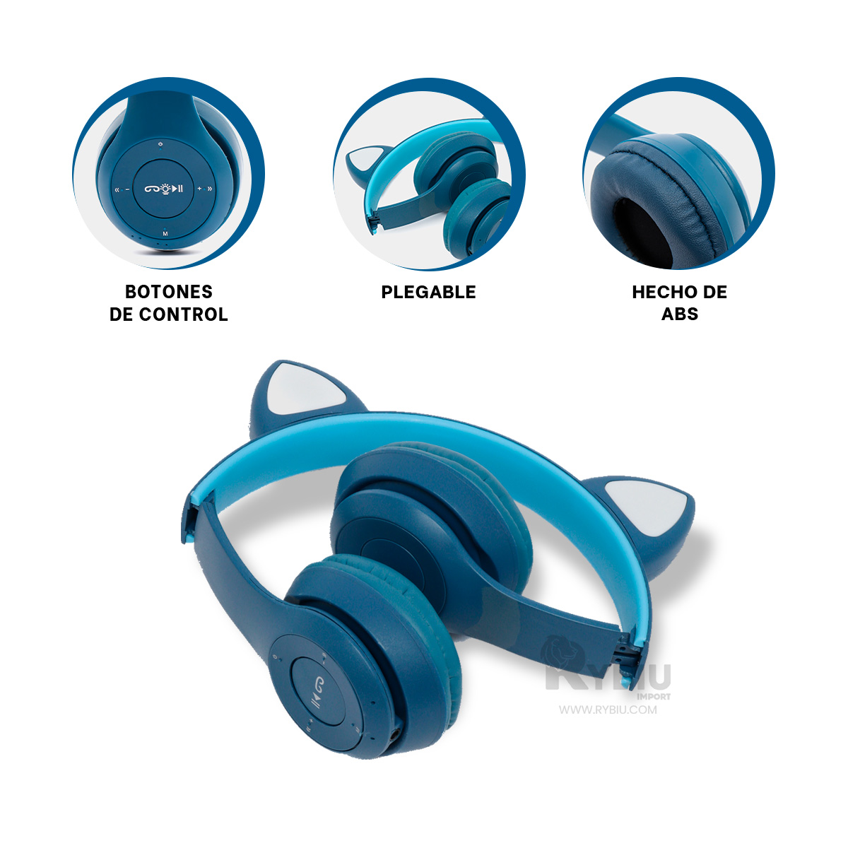 AURICULARES RYBIU INALÁMBRICO MOL2 BLUETOOTH LED GATO EN AZUL + REGALO AGENDITA - 3