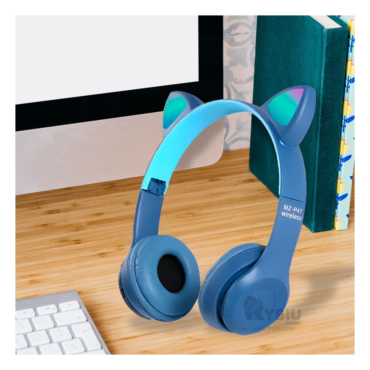 AURICULARES RYBIU INALÁMBRICO MOL2 BLUETOOTH LED GATO EN AZUL + REGALO AGENDITA - 4