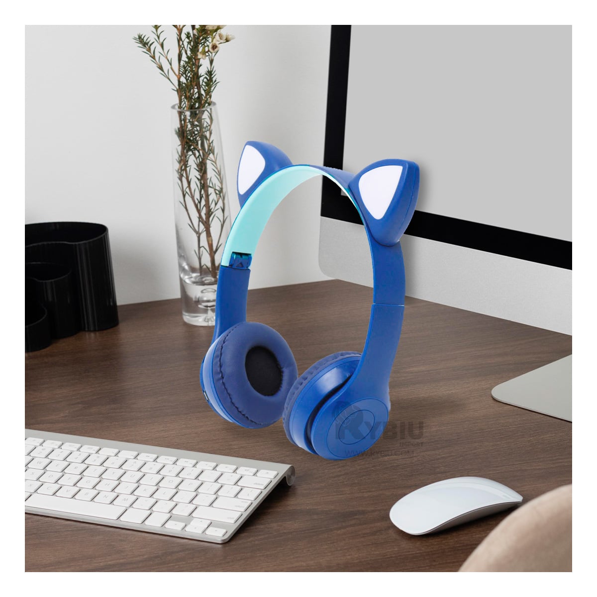AUDÍFONOS RYBIU INALÁMBRICO MOL2 BLUETOOTH TIPO GATO EN COLOR AZUL + REGALO AGENDITA - 1
