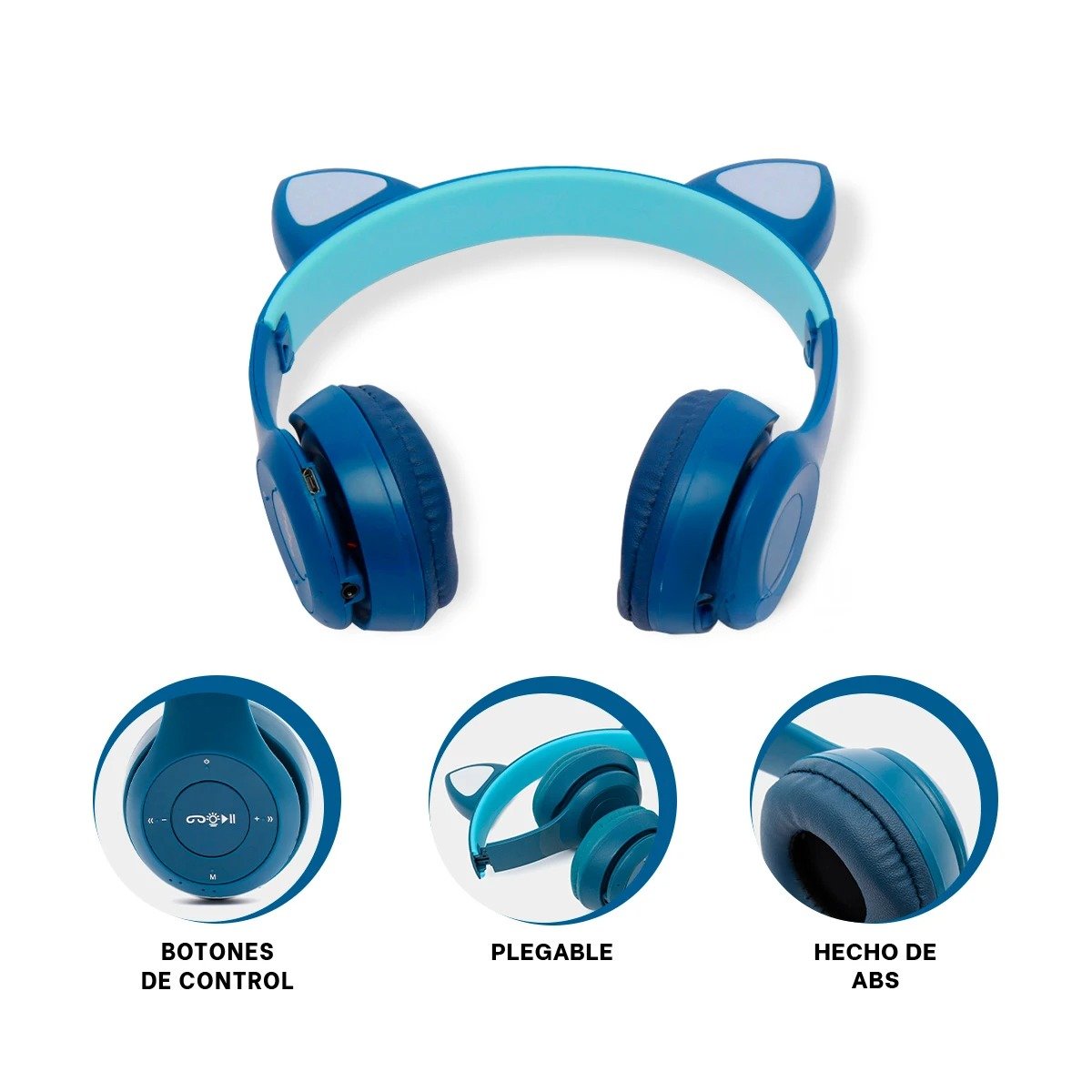 AUDÍFONOS RYBIU INALÁMBRICO MOL2 BLUETOOTH FORMA GATO EN COLOR AZUL + REGALO STICKERS - 1