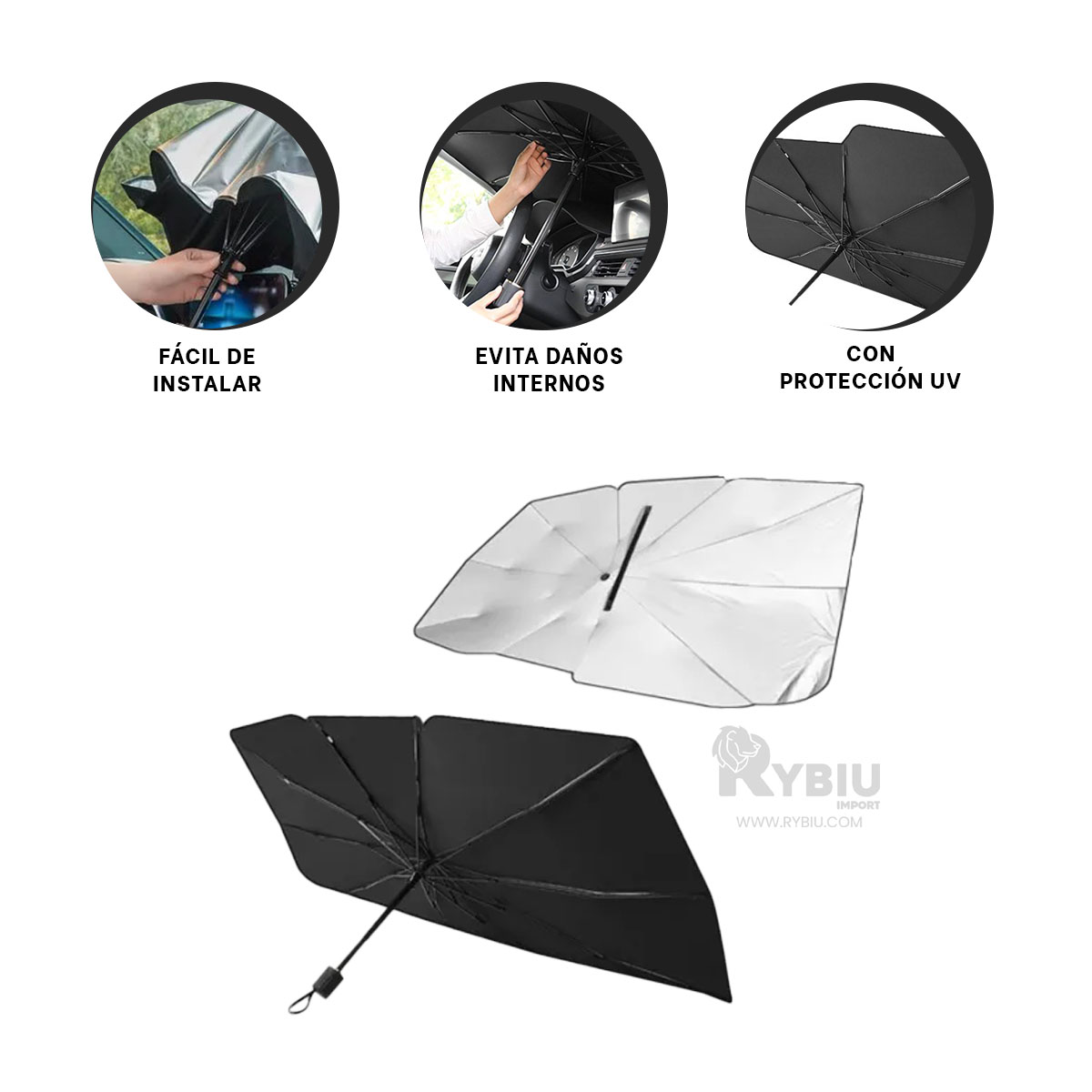 SET SOMBRILLA RYBIU HE29556 NEGRO TAPASOL ADAPTABLE TODO MOVIL + REGALO STICKERS - 3
