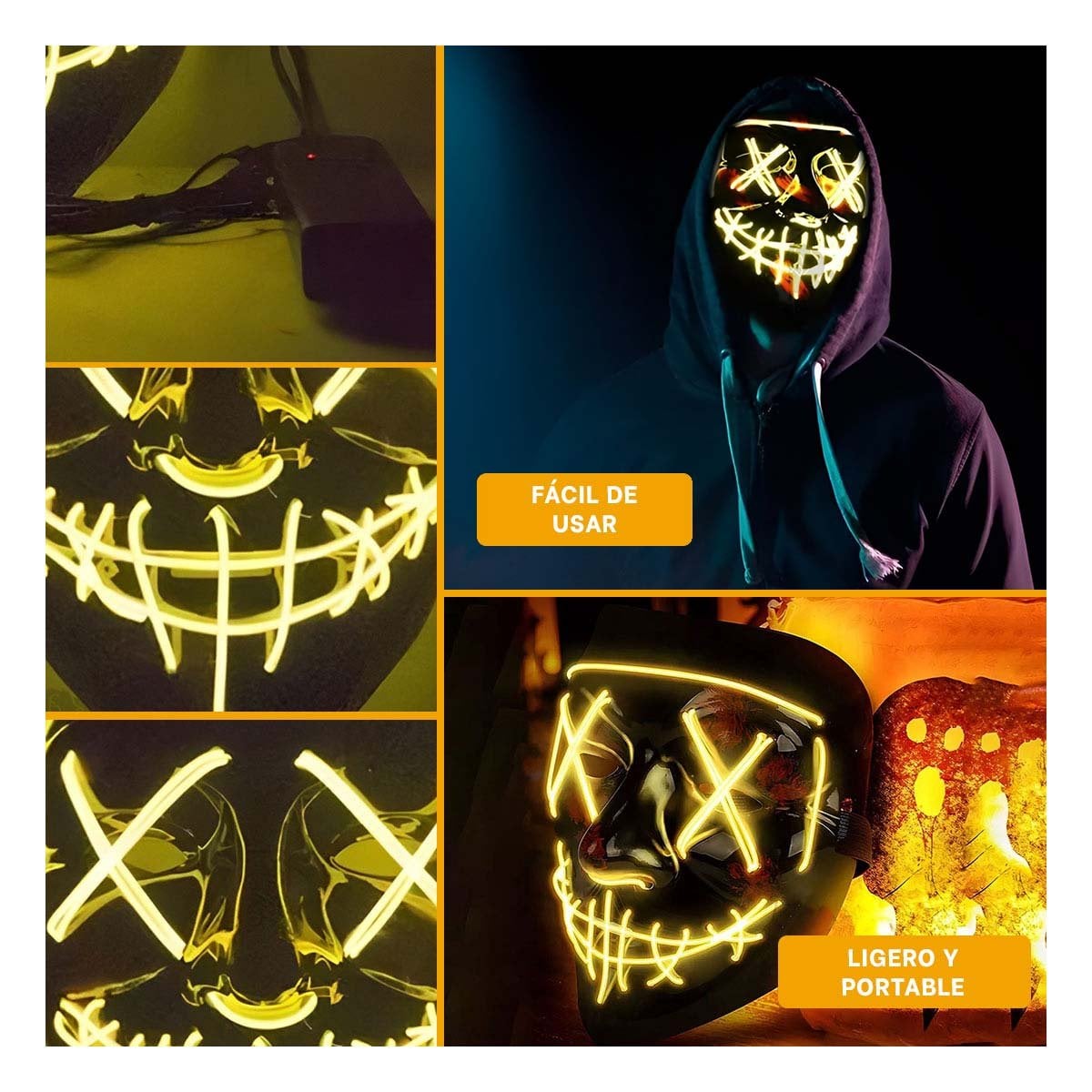 MASCARAS RYBIU FI32678 AMARILLO MASCARA PURGA LUCES LED NEON HALLOWEEN - 5