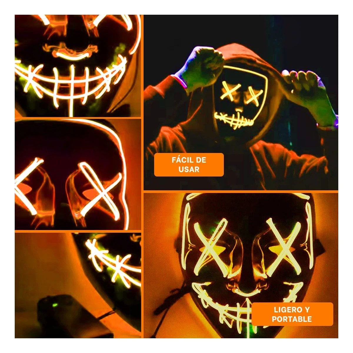 MASCARAS RYBIU FI32674 NARANJA MASCARA PURGA LUCES LED NEON HALLOWEEN - 5