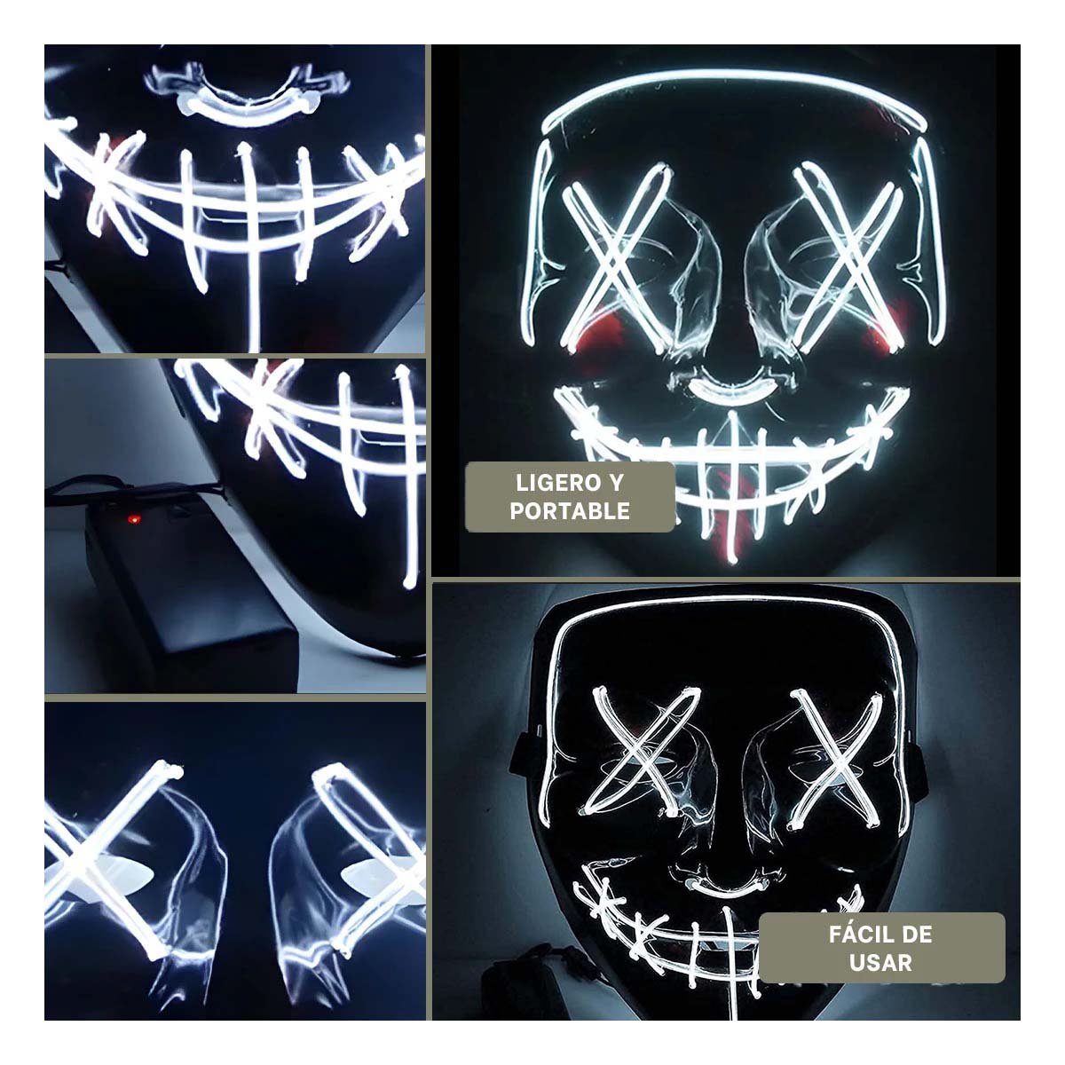 MASCARAS RYBIU FI32676 BLANCO MASCARA PURGA LUCES LED NEON HALLOWEEN - 5