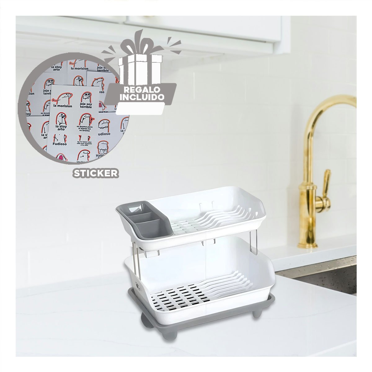 SET ESCURRIDOR RYBIU CO33987 FUNCIONAL COCINA + REGALO STICKERS PLOMO - 1