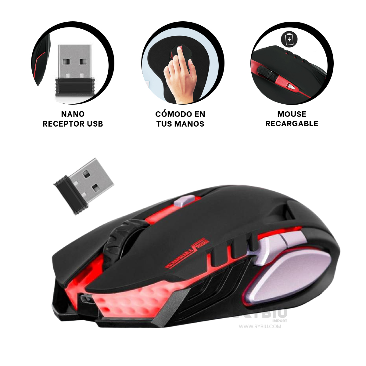 MOUSE GAMER INALÁMBRICO RYBIU M834 NEGRO RATON 6 BOTONES JUEGOS + REGALO AGENDITA - 3