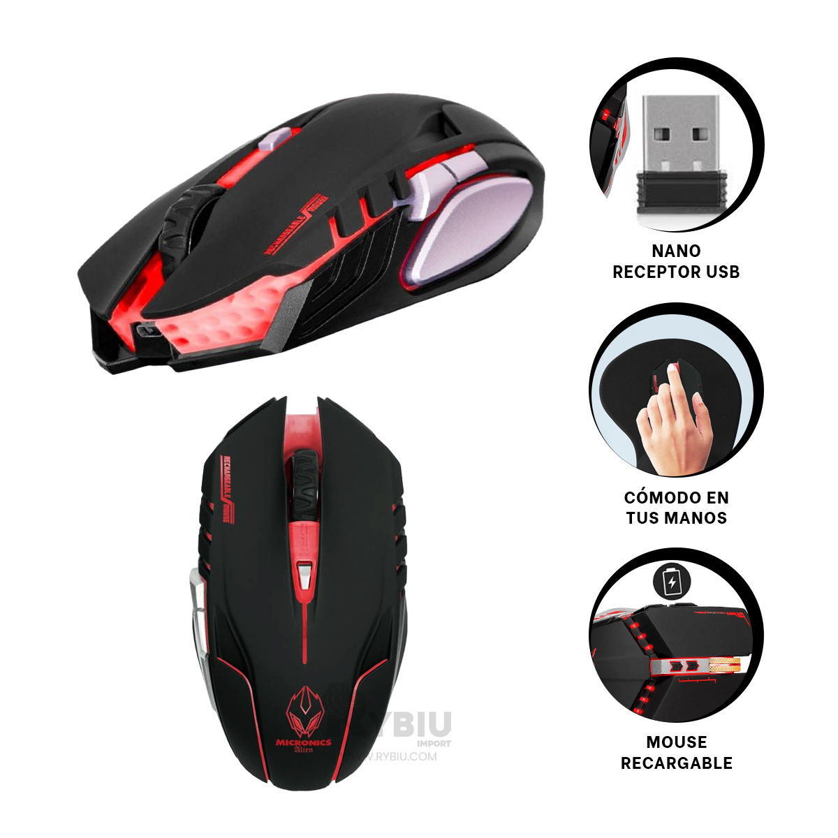 MOUSE GAMER INALÁMBRICO RYBIU M834 NEGRO RATON ESPORTS + ENVOLTORIO REGALO - 4