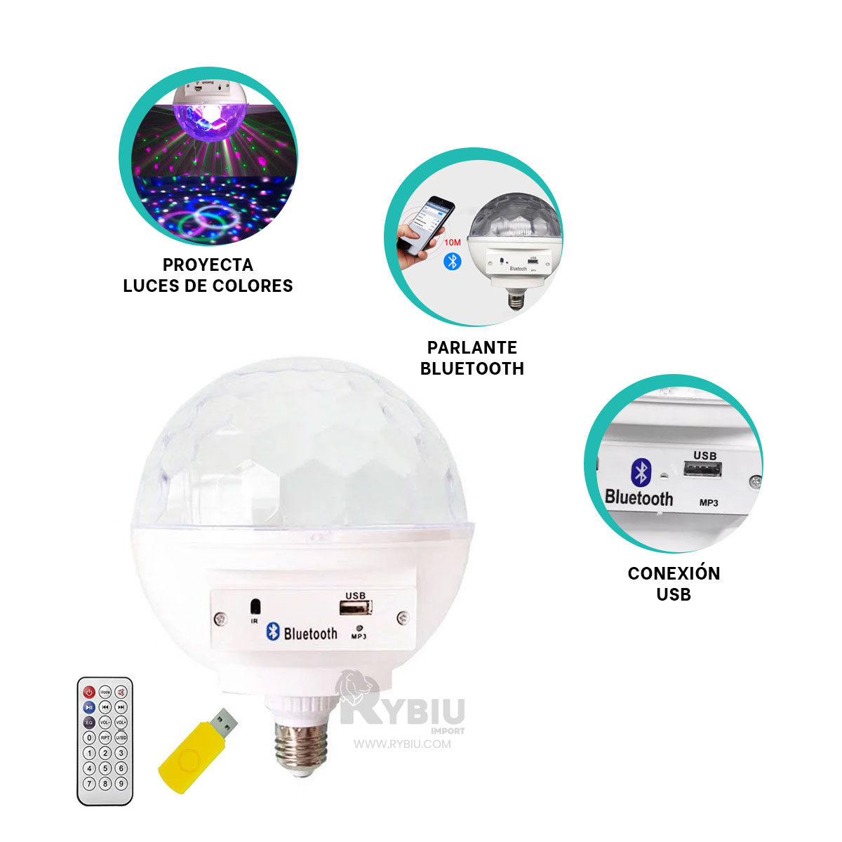 FOCO BLUETOOTH RYBIU TE29441 BOCINA ELEGANTE COLOR BLANCO + PAPEL REGALO - 3