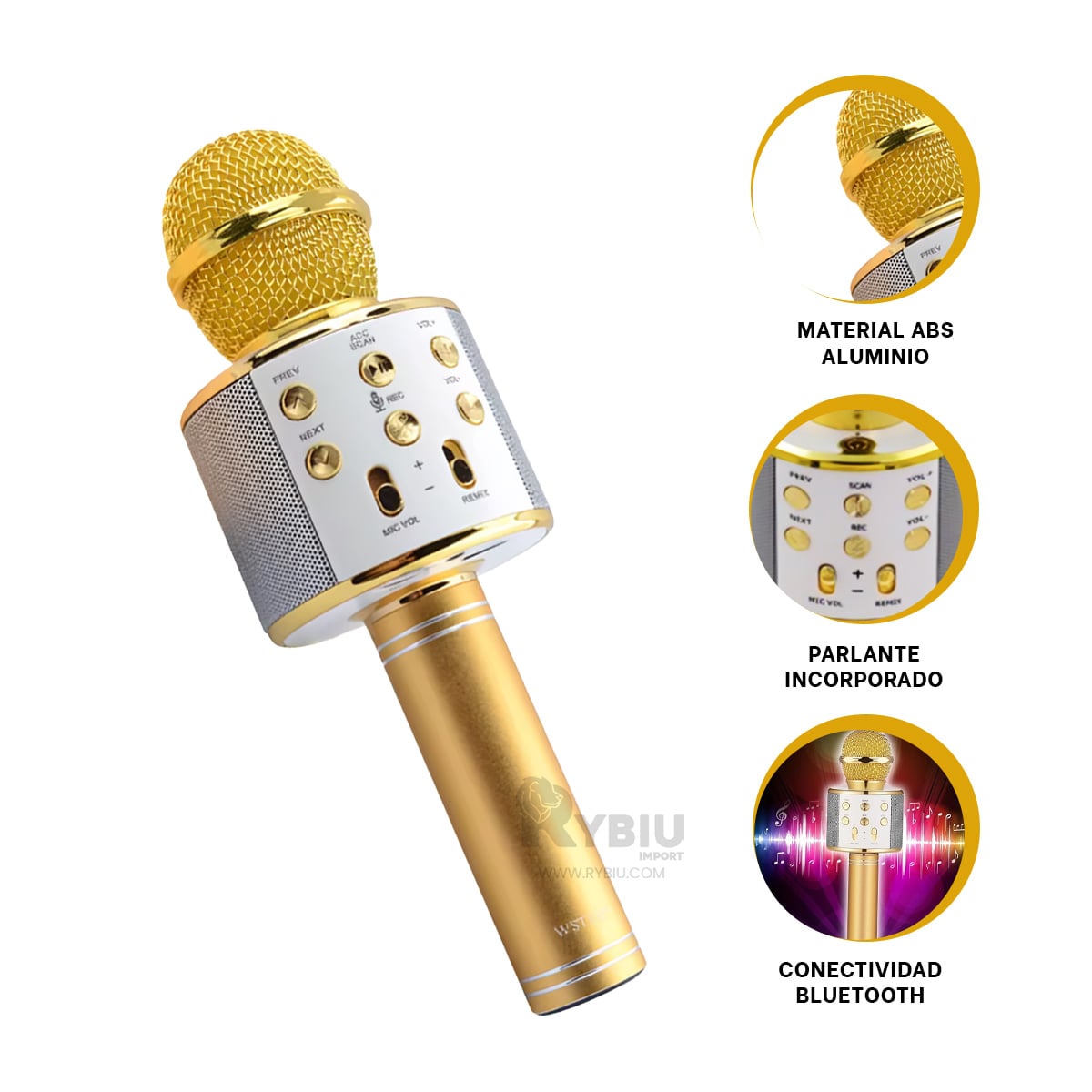 MICRÓFONO RYBIU MODERNO CONEXION BLUETOOTH DORADO + REGALO AGENDITA - 3