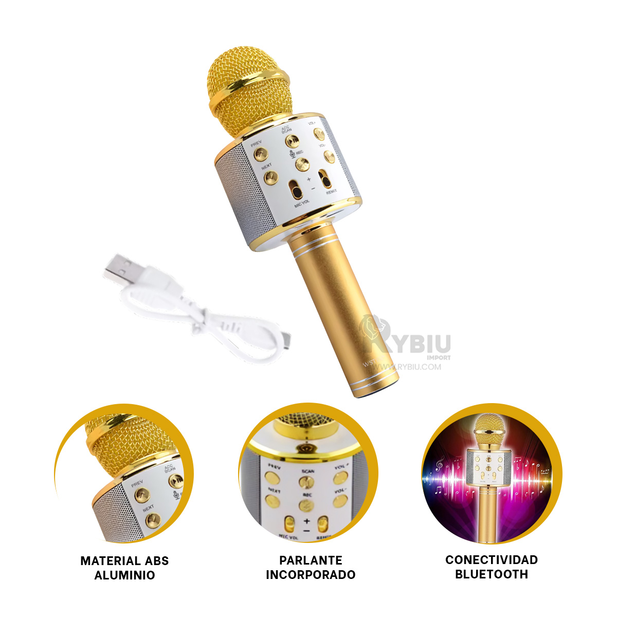 MICRÓFONO RYBIU MULTIUSOS INALAMBRICO DORADO + ENVOLTORIO REGALO - 3