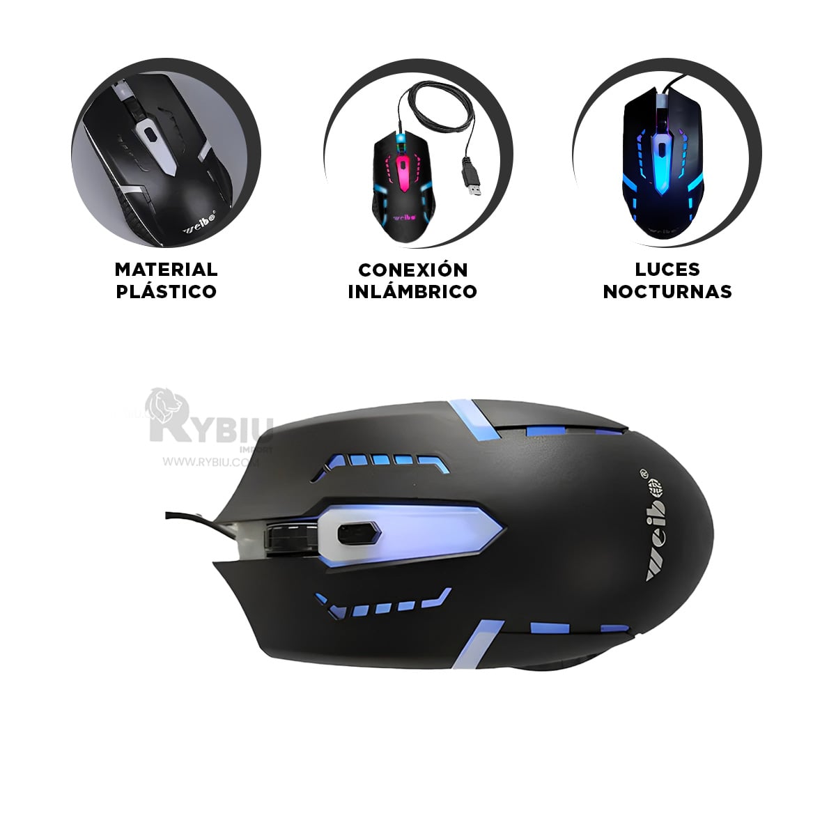 RATÓN RYBIU PRÁCTICO CON CABLE COLOR NEGRO + GIFT STICKERS M-39 - 3