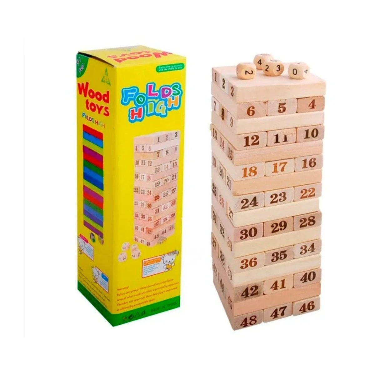 TORRE DE MADERA 48 PZAS EN CAJA AMARILLA PARA JUEGOS EN CASA Y+PAPEL REGALO - 1