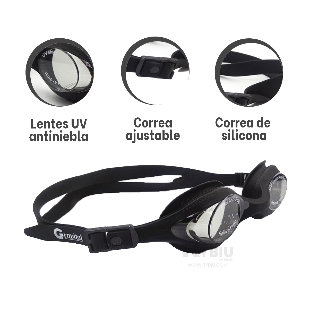 GAFAS NATACIÓN RYBIU MG-1600 AMPLIAS NADO NEGRO + REGALO AGENDITA - 2