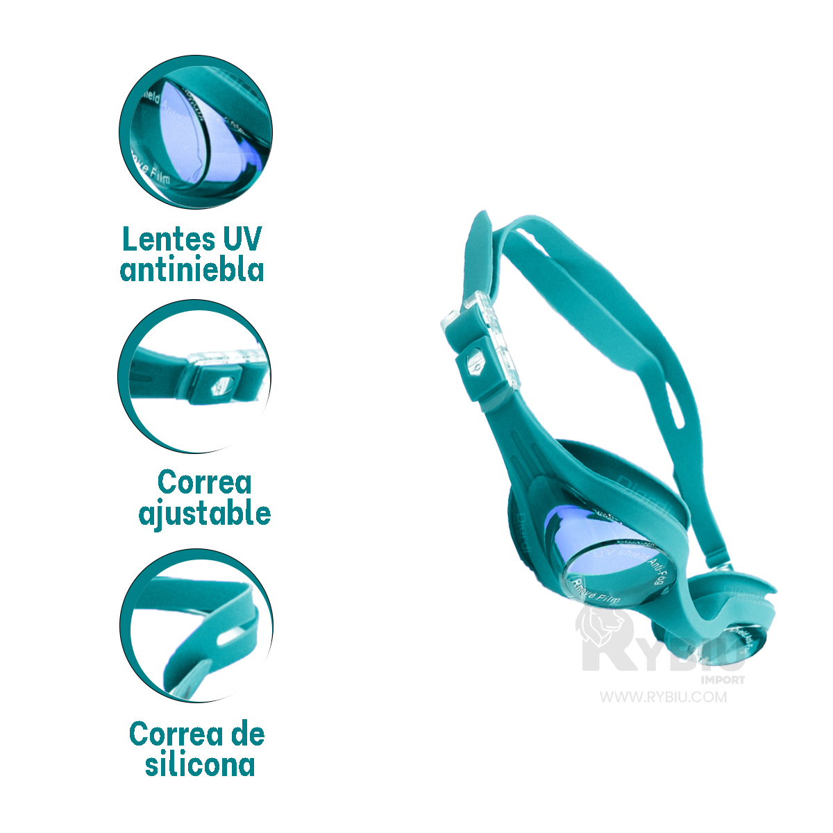 GAFAS NATACIÓN RYBIU MG-1600 UTILES PISCINA CELESTE + REGALO STICKERS - 1