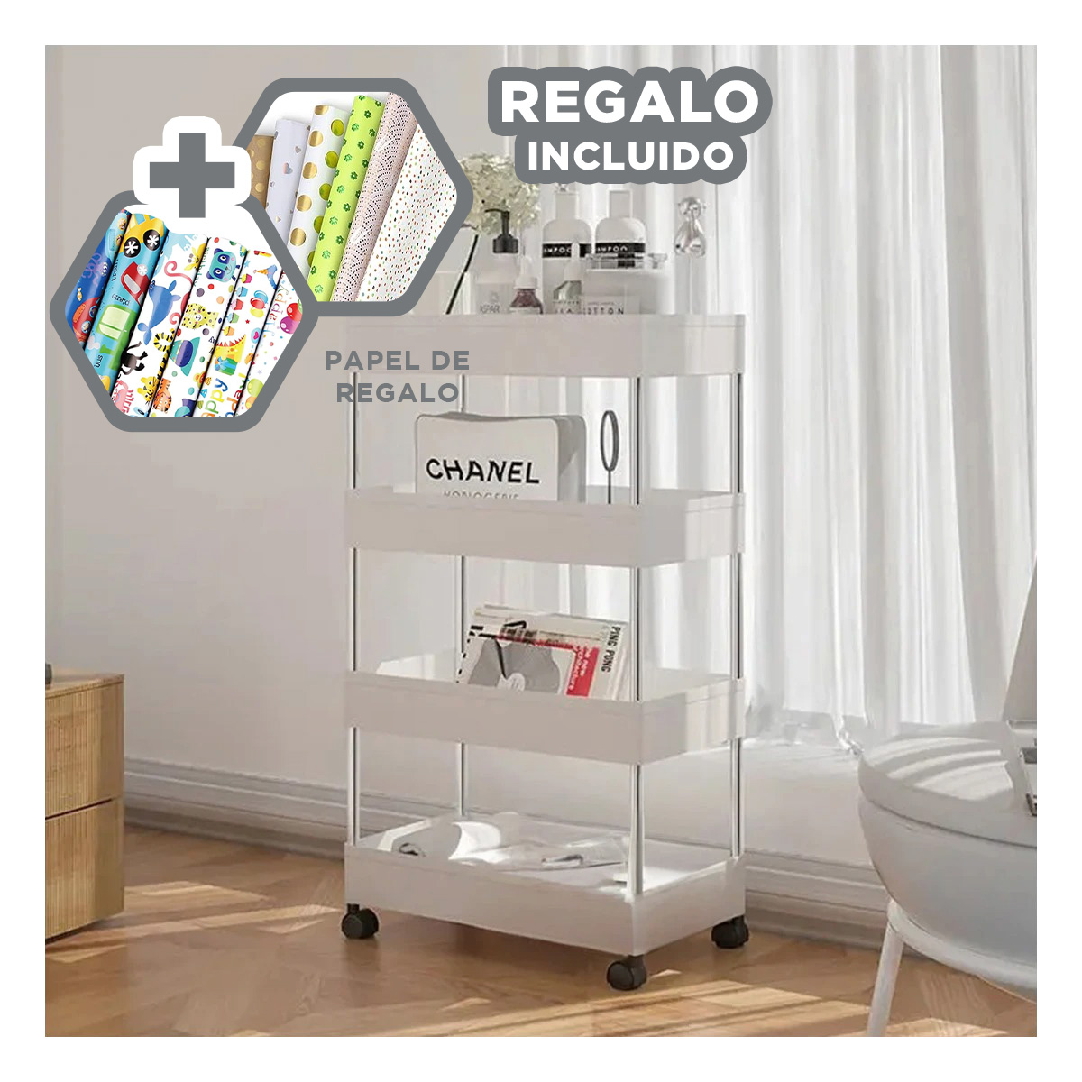 ESTANTE MOVIL RECTO DE 4 NIVELES BLANCO Y+PAPEL DE REGALO - 1