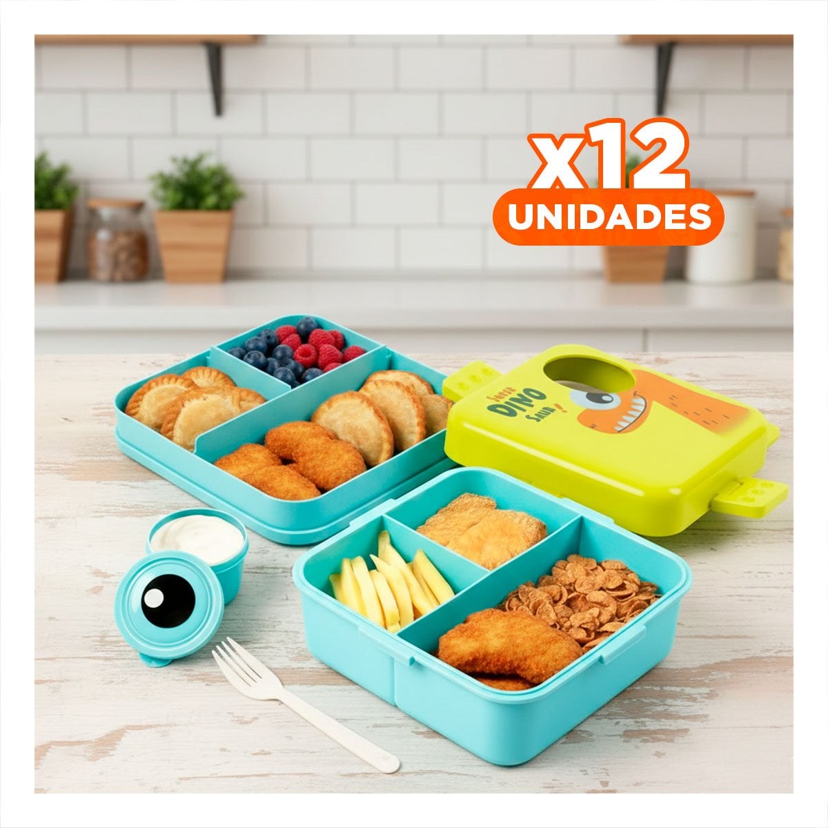 PACK12 ORGANIZADOR CUADRADO CON DINOSAURIO PARA GUARDAR ALMUERZOS 1600ML VERDE Y CELESTE - 1