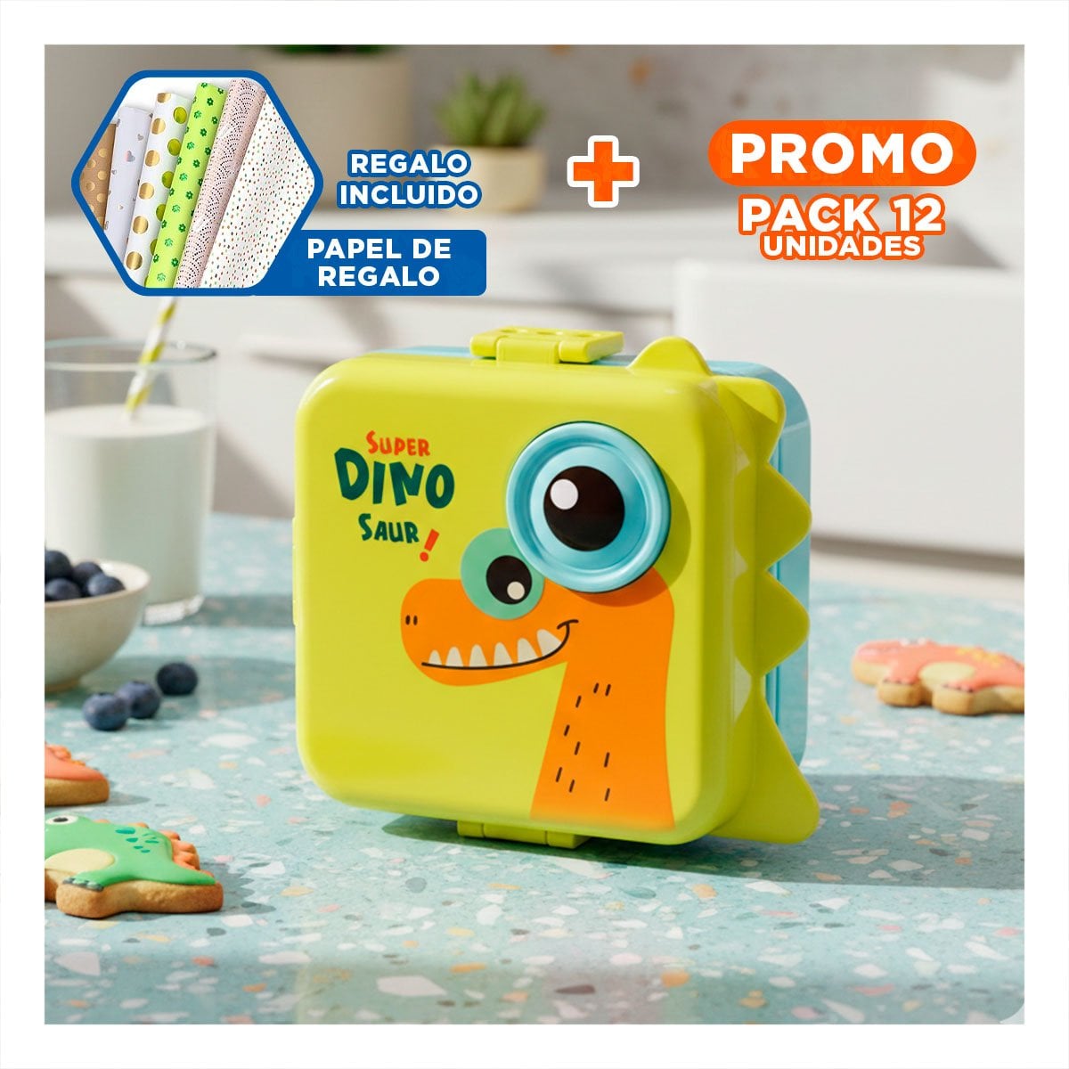 PACK12 MODULAR CUADRADO PARA SNACKS DIVERTIDOS 1600ML VERDE Y CELESTE Y+PAPEL REGALO - 1