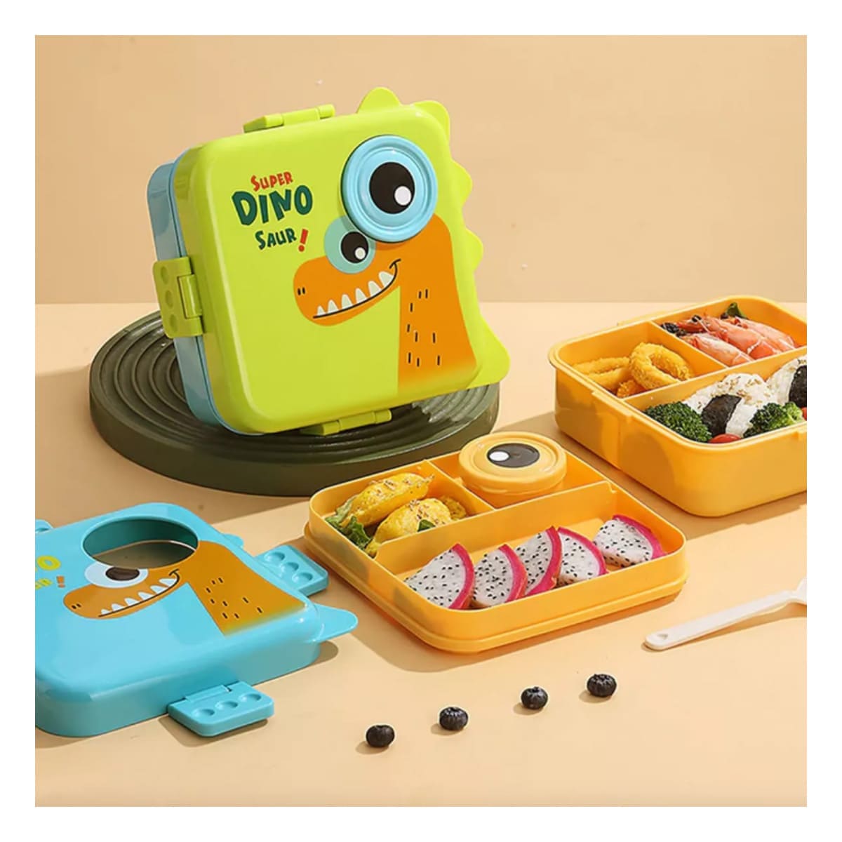 PACK5 LONCHERA DIBUJO DINO 1600ML VER Y+BANDERITAS ADHESIVAS - 3