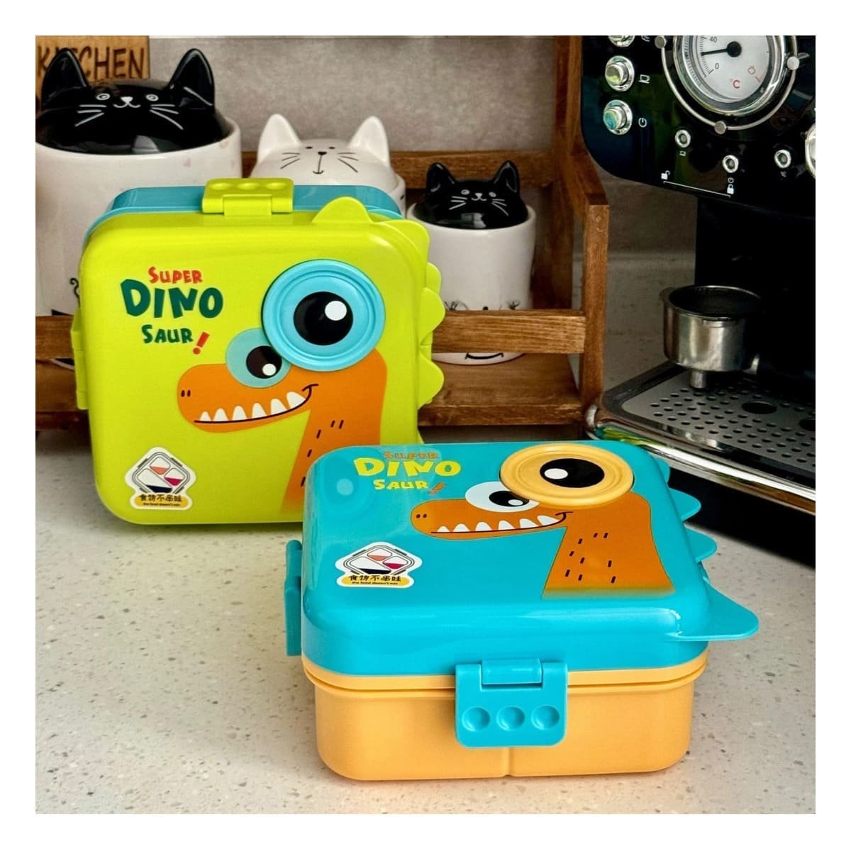 ENVASE CUADRADO CON DINOSAURIO PARA COMIDAS SALUDABLES 1600ML VERDE Y CELESTE - 1