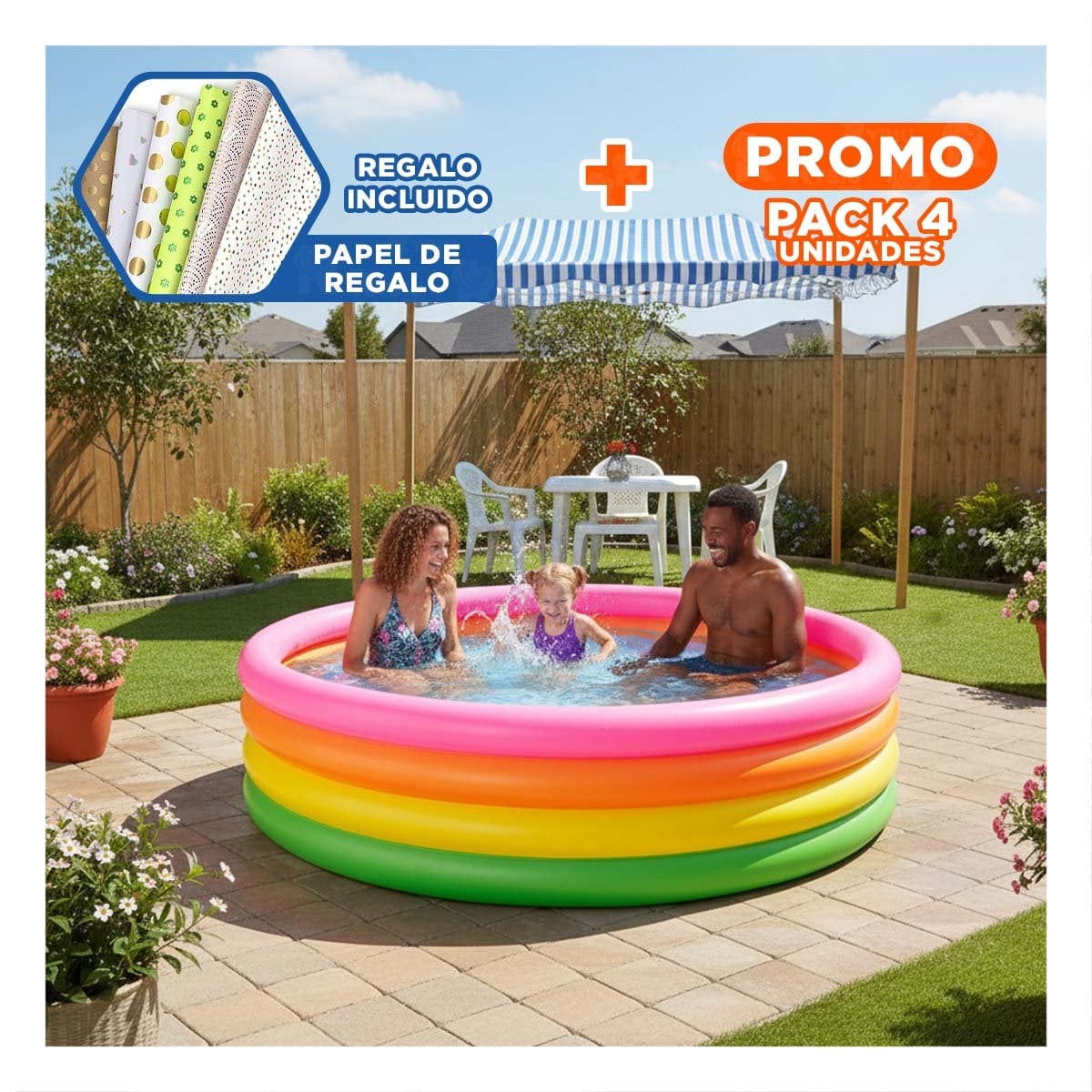 PACK4 ARTICULO INFLABLE ARCOIRIS 168X46CM CON TONOS DE ARCOIRIS PARA NINOS Y+PAPEL REGALO - 1