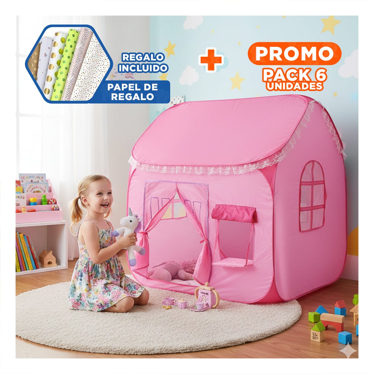 PACK6 MANSION DE ENTRETENIMIENTO FISICO ROSADO 104 X 92 X 92 PARA EL ROL Y+PAPEL REGALO - 1