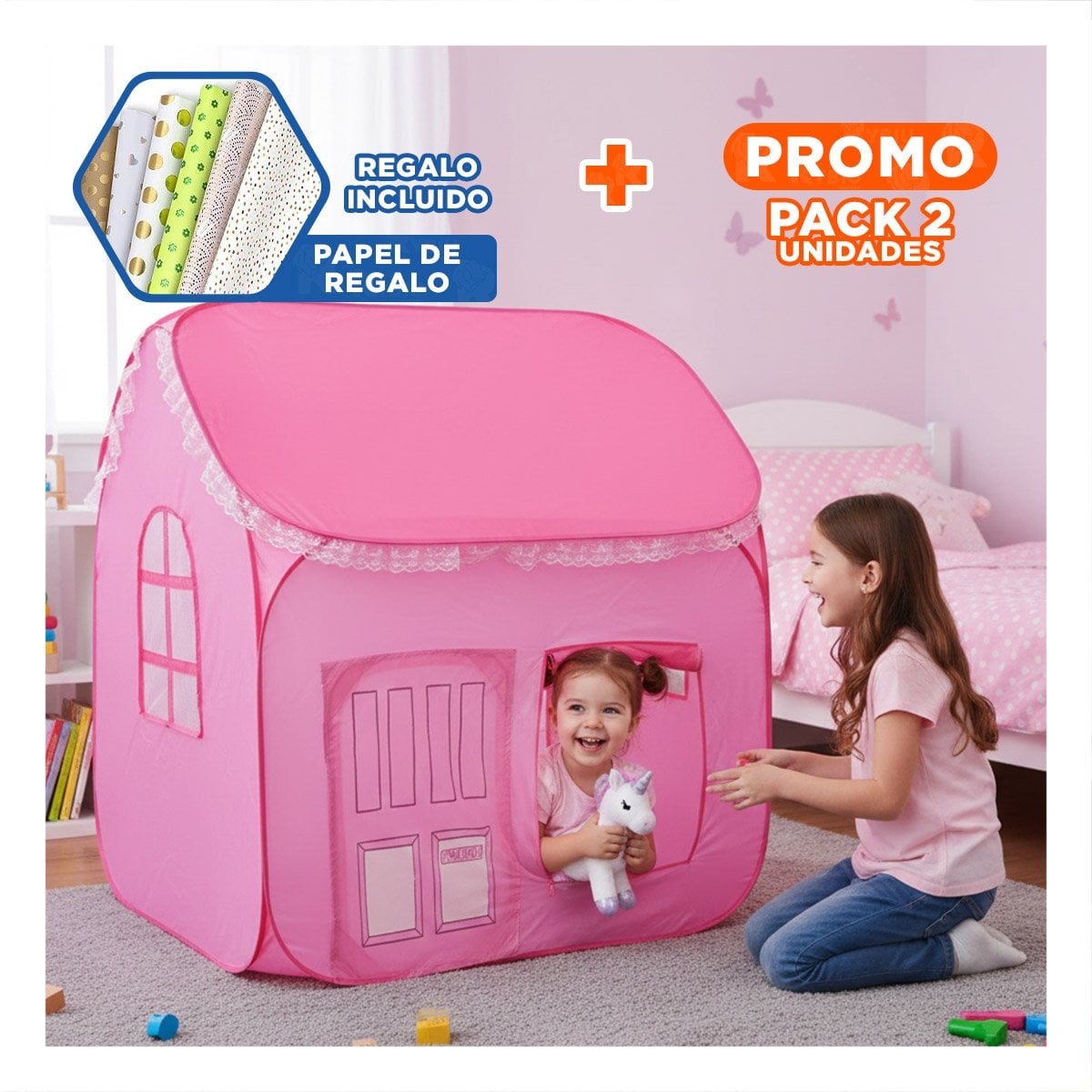 PACK2 HABITACION DE JUGUETE ROSADO 104 X 92 X 92 PARA NIÑAS CON ESTILO Y+PAPEL REGALO - 1
