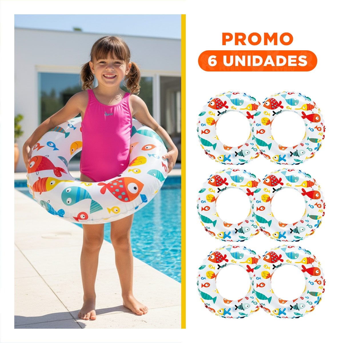 PACK6 ARO INFLABLE DE 61 CM CON DISENO DE PEZ PARA PISCINA Y VERANO - 1