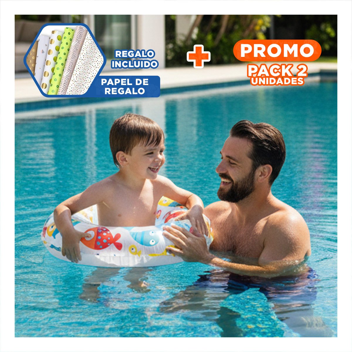 PACK2 ARO INFLABLE DE 61 CM CON DISENO VERANIEGO DE PEZ PARA PISCINA Y+PAPEL REGALO - 1