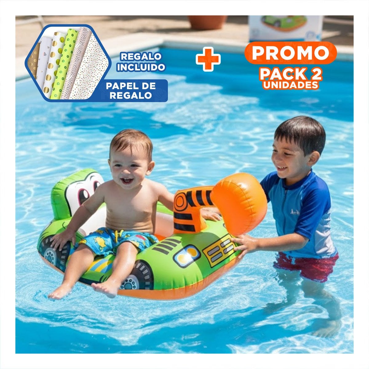 PACK2 FLOTADOR VERDE DE EXCAVADORA PARA NIÑOS CON DISEÑO PRACTICO Y+PAPEL REGALO - 1