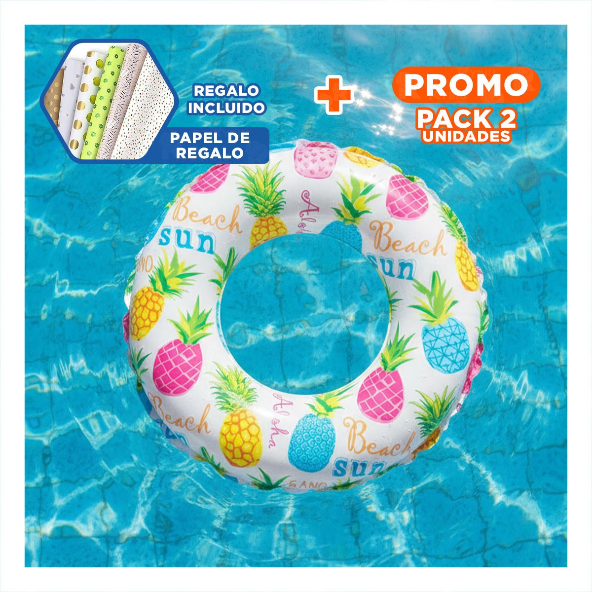 PACK2 FLOTADOR CIRCULAR DE 61 CM CON DISEÑO TROPICAL DE PIÑA PARA VERANO Y+PAPEL REGALO - 1