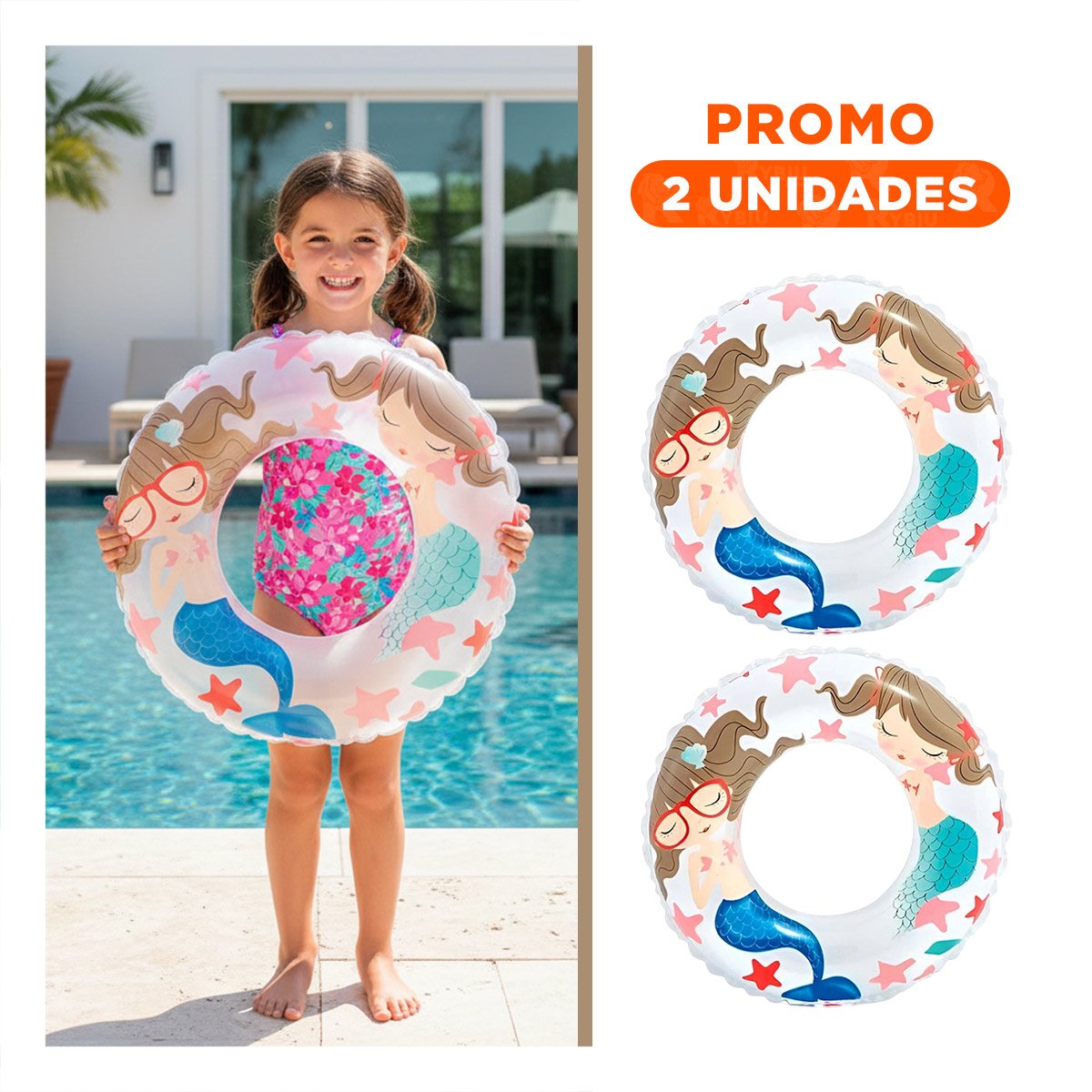 PACK2 RUEDA INFLABLE BLANCA DE 61 CM CON DISENO MARINO DE SIRENA PARA PISCINA - 1