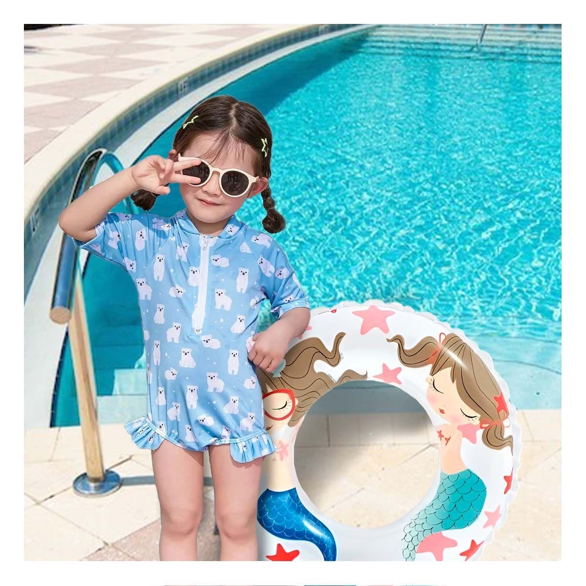 PACK2 RUEDA INFLABLE BLANCA DE 61 CM CON DISENO MARINO DE SIRENA PARA PISCINA - 2